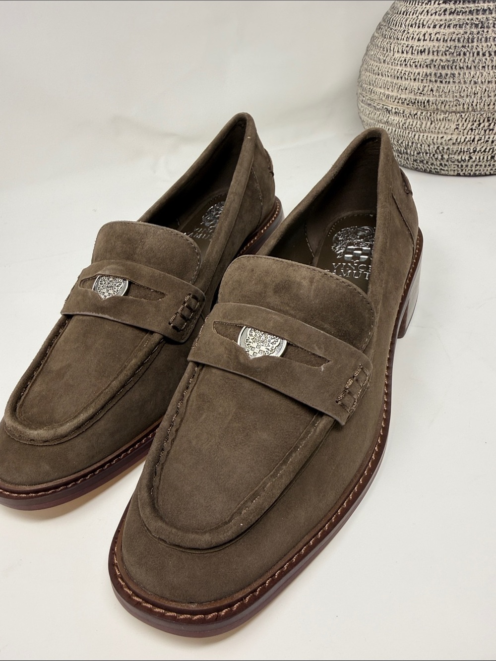 NEW Vince Camuto Olive Brown Suede Penny Loafers
